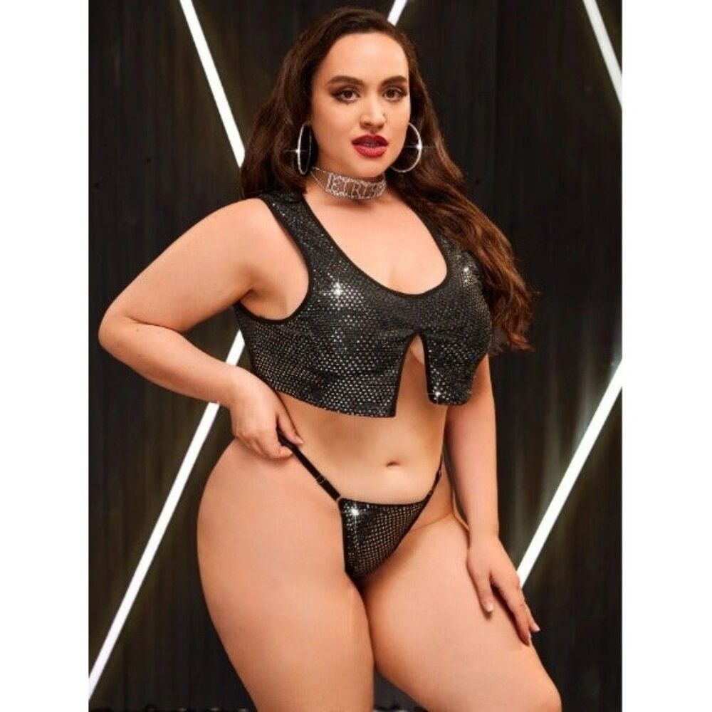 2X Plus Size Black Rhinestone Split Hem Contrast Binding Lingerie Set